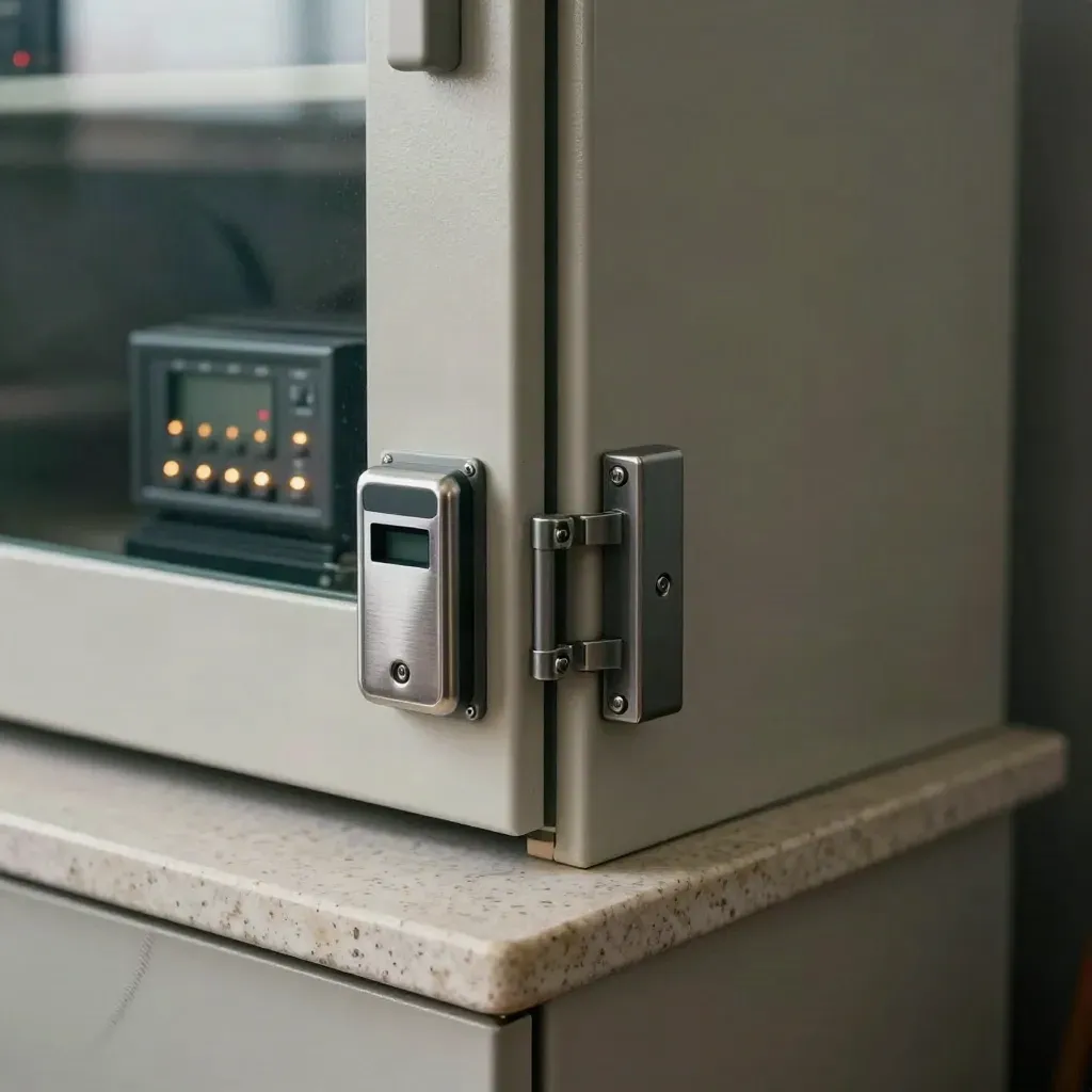 Security cabinet with badge reader, rack lock, door closer, and glowing logging appliance