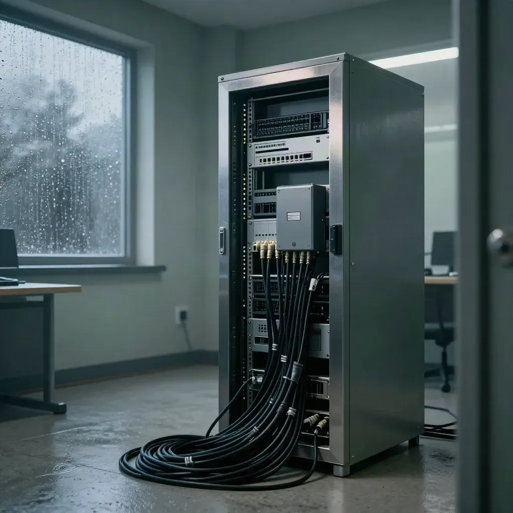 Low-lit comms room with firewall cabinet, server rack, cables and rain-streaked window.