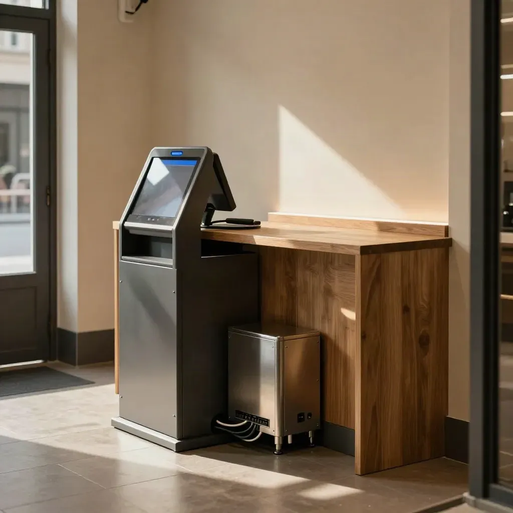 Secure retail checkout fit-out with terminal cradle, network box, and tidy cabling in warm afternoon light.