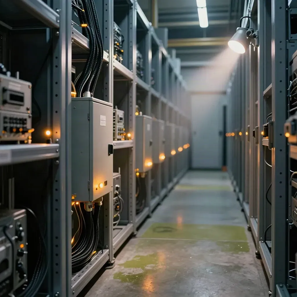 Moody server aisle with sensor nodes, locked cabinet, braided cabling, and amber lights