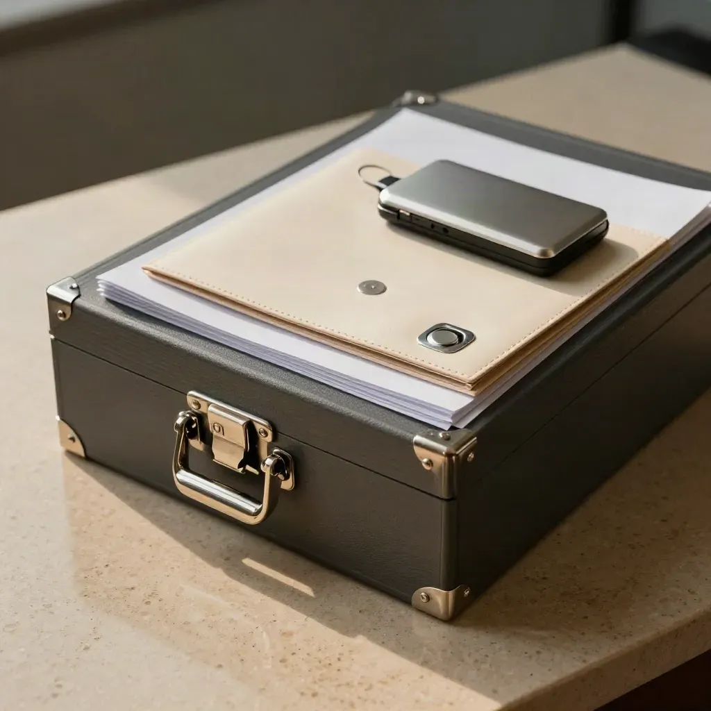 Top-down finance audit pack with archive box, sealed wallets and backup drive on travertine.