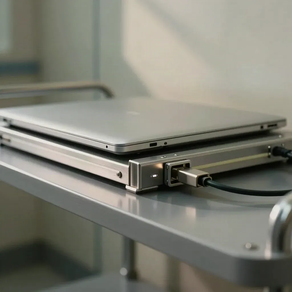 Macro of locked clinic laptops in a charging trolley and sealed device vault, lit by soft daylight.