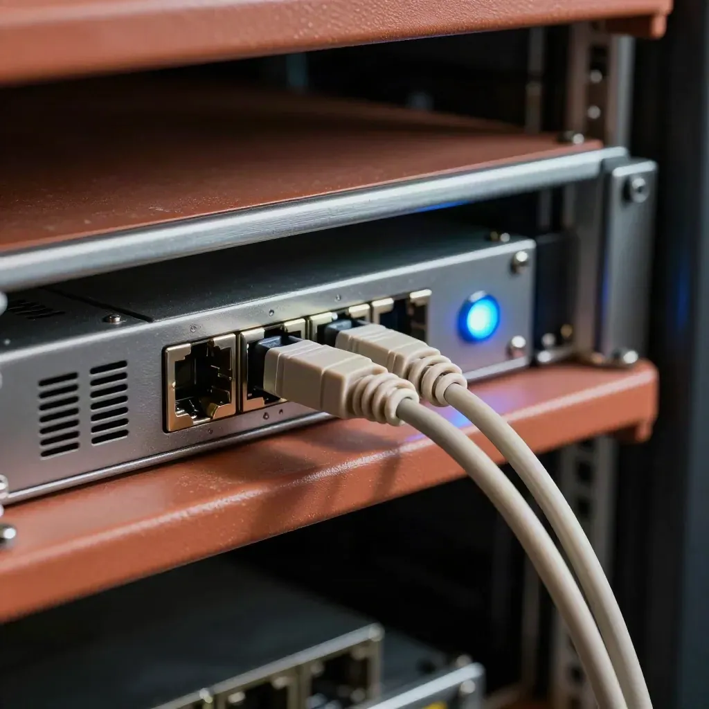 Rack sensor pod, optical transceiver and braided cable with a faint blue status glow.