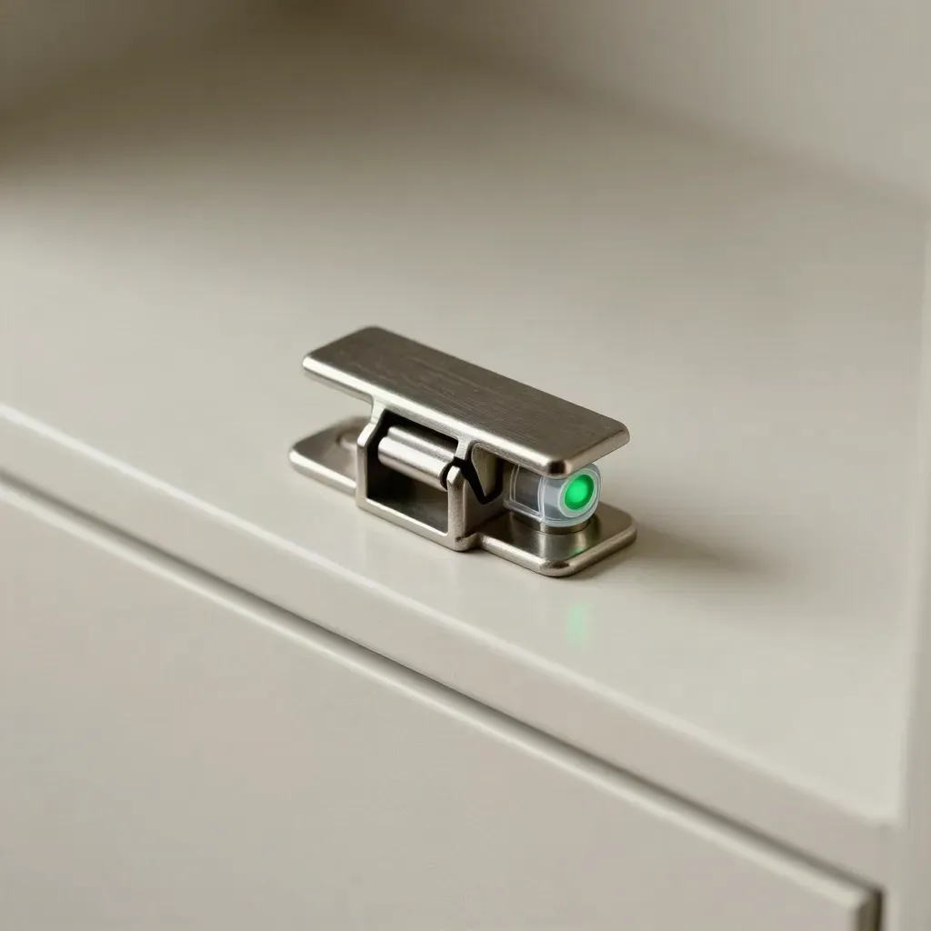 Hardened cabinet latch, tamper seal, and green status light on a soft plaster sweep.