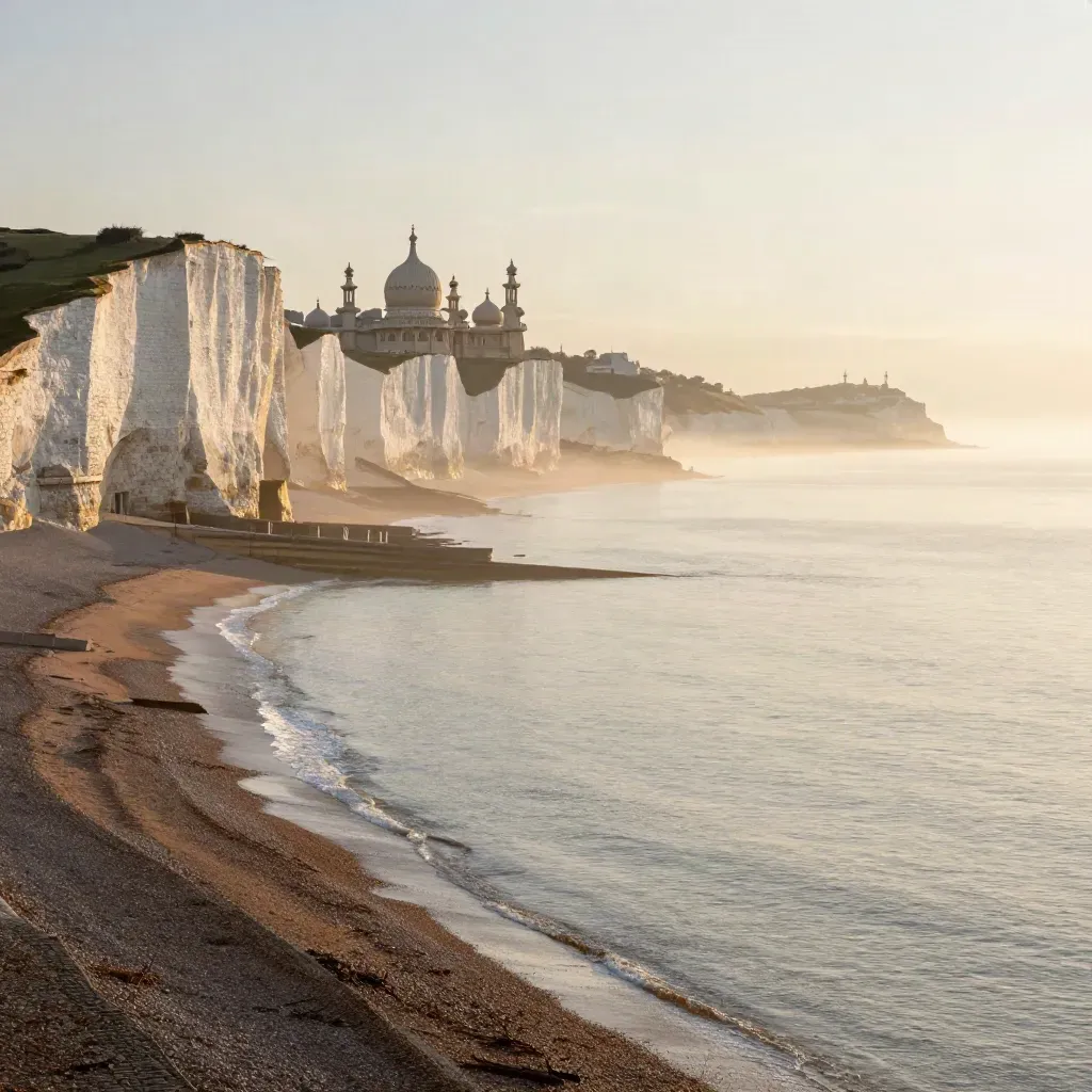 Brighton cliffs and the Royal Pavilion dome above a pale shoreline in sunrise haze.